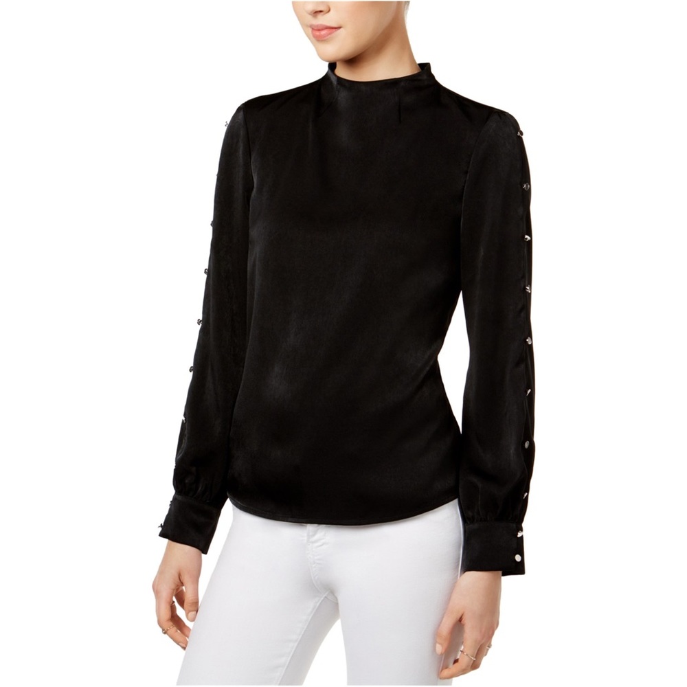 Bar III Studded Sleeve Detail Blouse with Mock Neck in Deep Black | Size: S